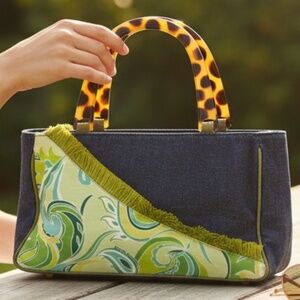 Denim Tote with Tortoiseshell Handles, Handcrafted by Melissa Ann Cook